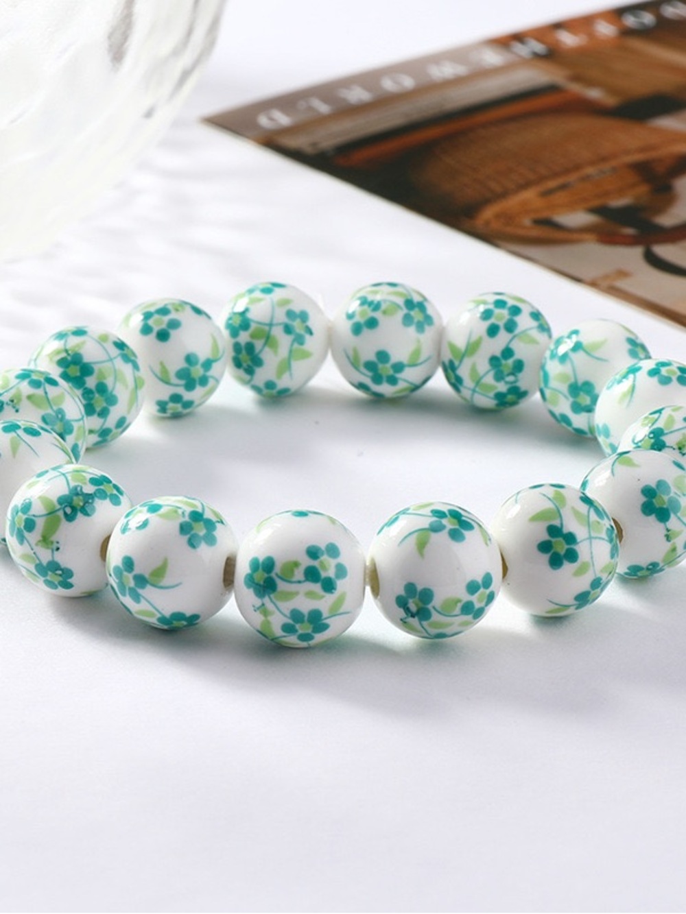 Porcelain White and Teal Floral Beaded Stretch Bracelet